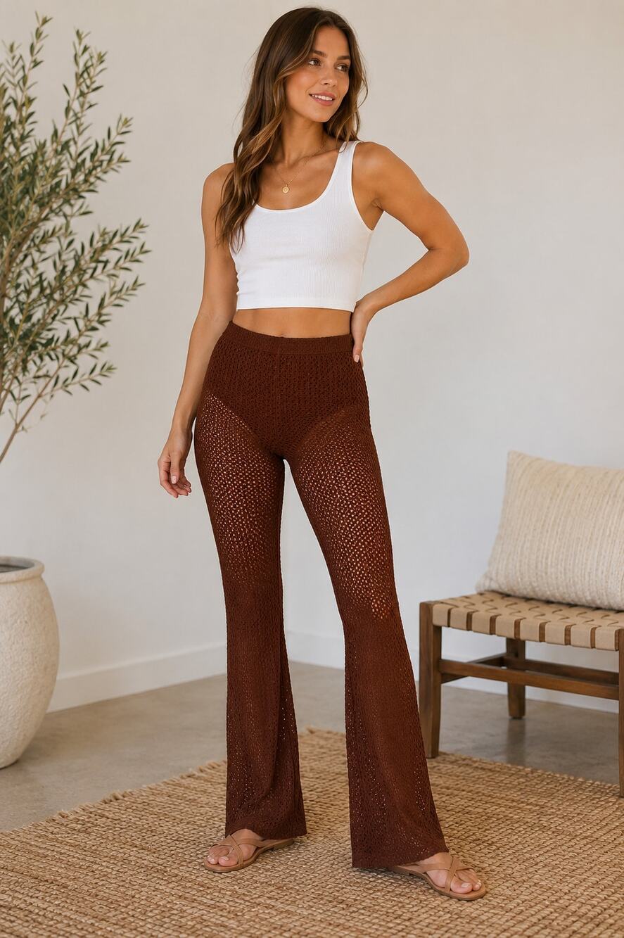 H&M Brown Crochet Cover Up Flare Pants XXS Boho Beach Swim